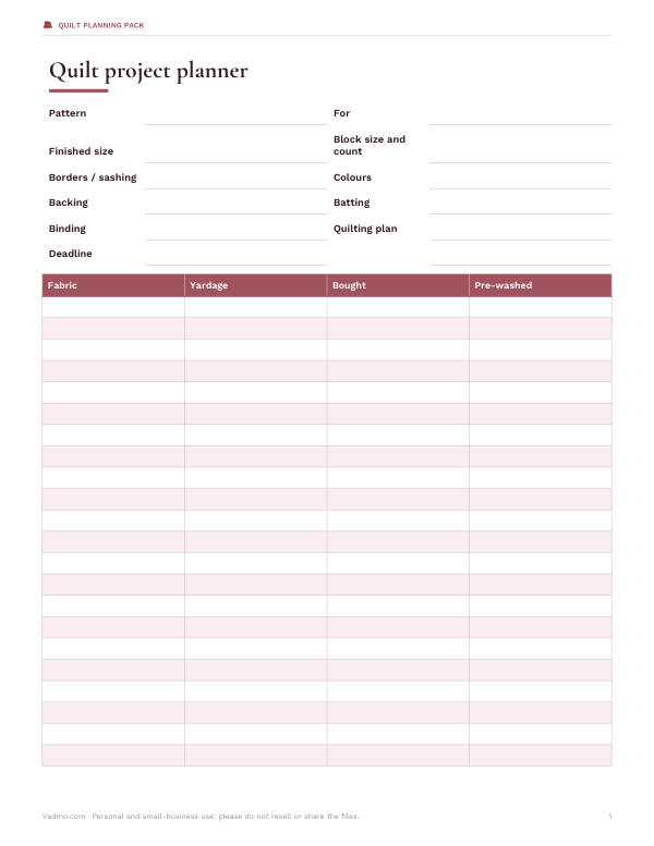 Preview of Printable Quilt Project Planner