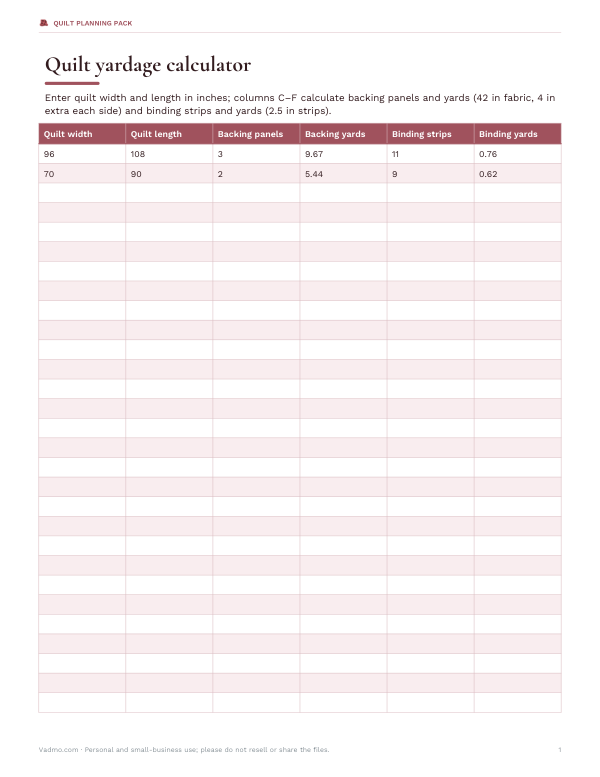 Preview of Printable Quilt Yardage Calculator